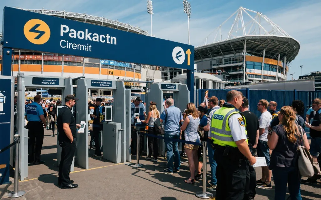 球场入场口动线示意，安检与检票区域，人群有序