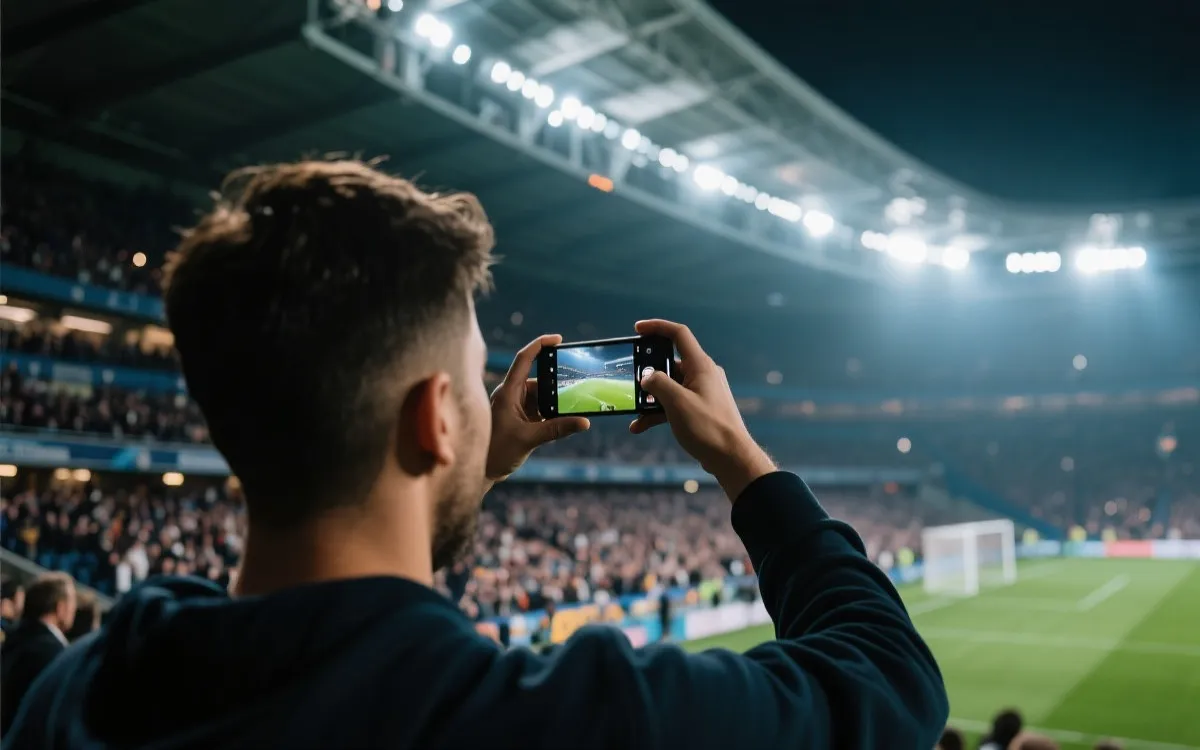 观众在球场看台用手机拍摄短视频并实时上传，灯光与人群氛围强烈，纪实摄影风格