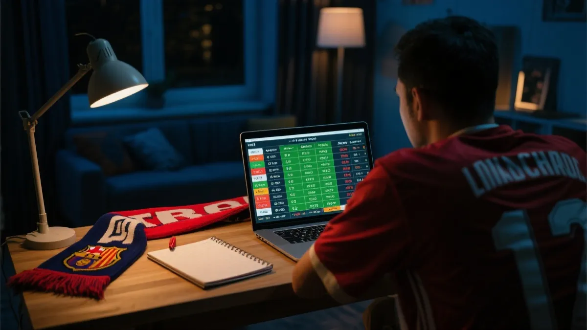 球迷在笔记本电脑上查看预选赛积分榜与规则页面